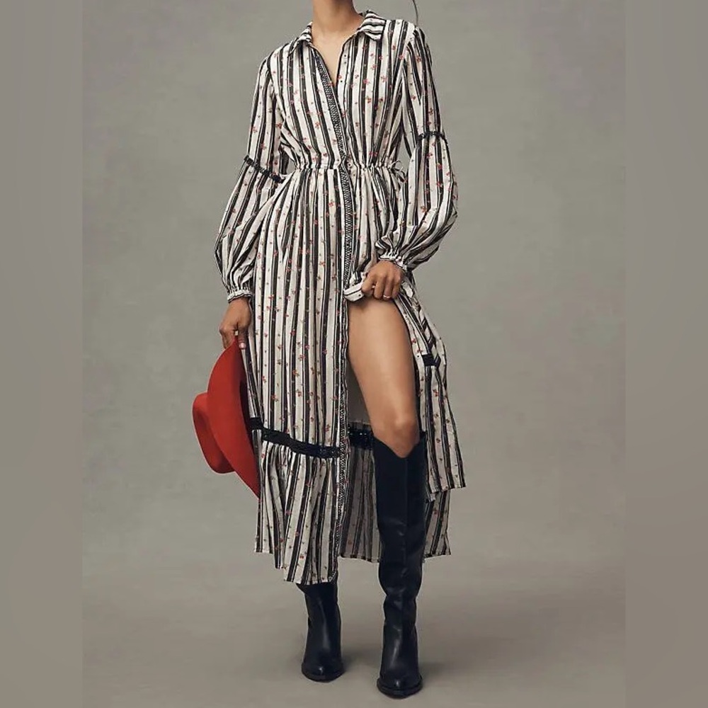Anthropologie Eleanora Maxi Button Down Shirt Dress Striped Floral Silk Cotton